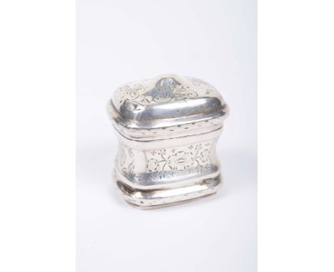A continental silver snuff box, possibly DutchOf rectangular tapered form, engraved with scroll decoration, height 4.5cm