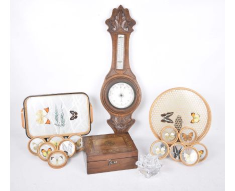 An oak barometer early 20th centuryWith a carved case and white dial, along with a 19th Century mahogany hinged box, "butterf