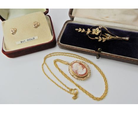 A yellow metal pearl set brooch, a 9ct gold cameo pendant and chain and a pair of 9ct earrings  Condition Report: 