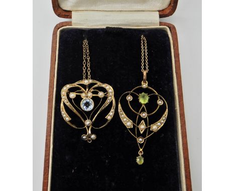 A 9ct gold aquamarine and pearl Edwardian pendant brooch, together with a peridot and pearl example and two chains  Condition