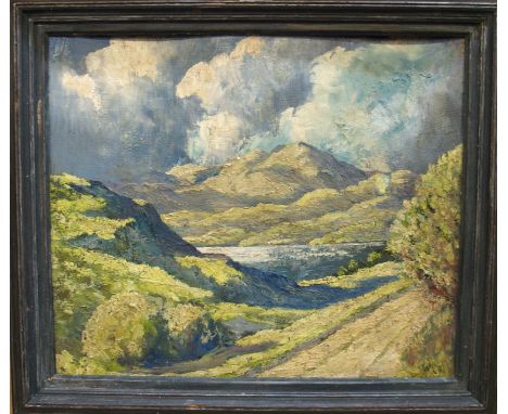 R MENZIES Mountainous landscape, signed, oil on board, 38 x 46 cm and ALAN SUTHERLAND View of Stockbridge, signed, oil on boa
