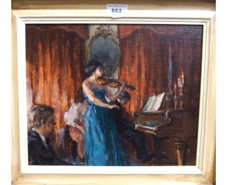 CAROLINE SILLARS musical soiree, oil on board, 24 x 30 cm and AFTER CADELL Puffer, print, 20 x 20 cm (2)  Condition Report: 