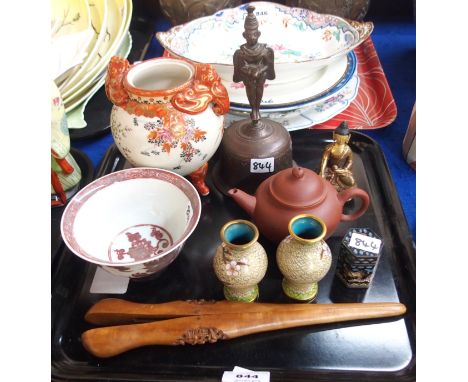 A Chinese yixing teapot, Canton wood glove stretchers, brass bell, Buddha figure, iron red porcelain bowl, cloisonne etc  Con