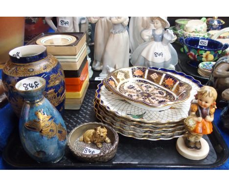 A Wedgwood lustre dragon vase, W &amp; R Carlton Ware vase, Bishop pottery storage jar, five Copeland plates decorated with b