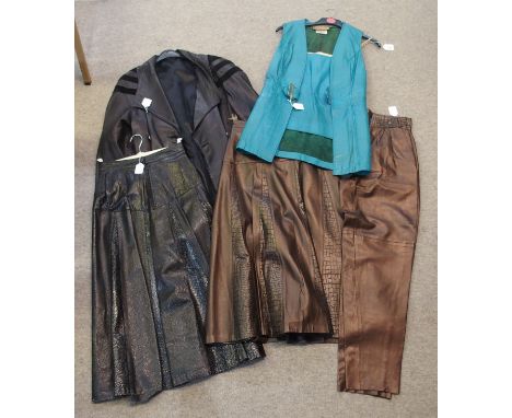 A 1960's Paul Michael turquoise leather long waistcoat and mini skirt, (size 36), a black leather skirt and a similar brown e