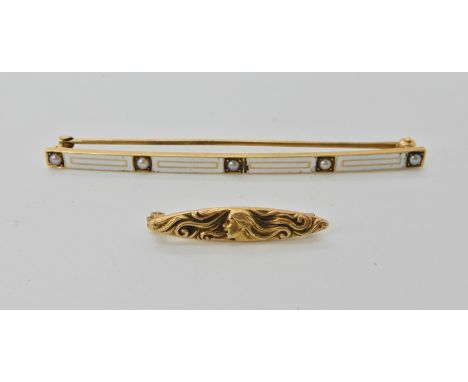 A 14ct gold enamel and pearl set bar brooch and a 14ct gold Art Nouveau brooch of a maiden  Condition Report: 