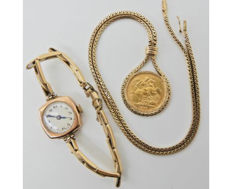 A 9ct gold Lanco watch head with gold plated strap and an 1891 gold full sovereign in 9ct gold pendant mount and chain weight