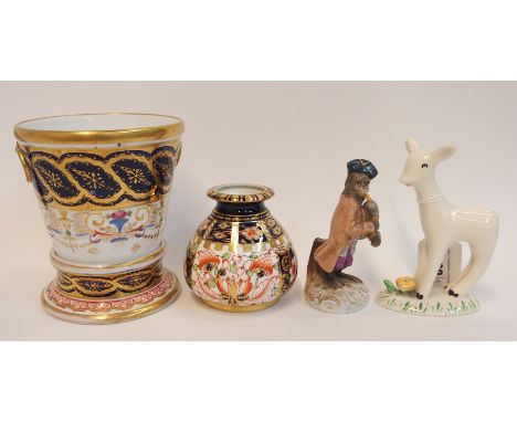 A small Spode jardiniere and stand 13cm high, a Royal Crown Derby pot, a German porcelain monkeyband figure and a Midwinter L