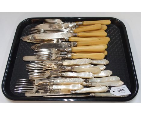 A lot comprising a part EP and mother of pearl fruit cutlery set (16) and part fish cutlery set (16)  Condition Report: 