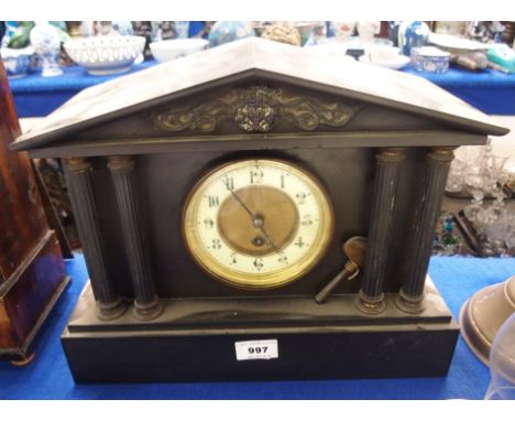 A Victorian black slate mantel clock, of architectural form  Condition Report: 