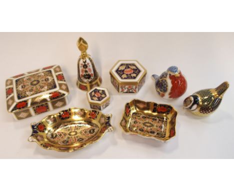 A collection of Royal Crown Derby including Robin and Blue Tit, three trinket boxes, bell and two trinket dishes (8)  Conditi