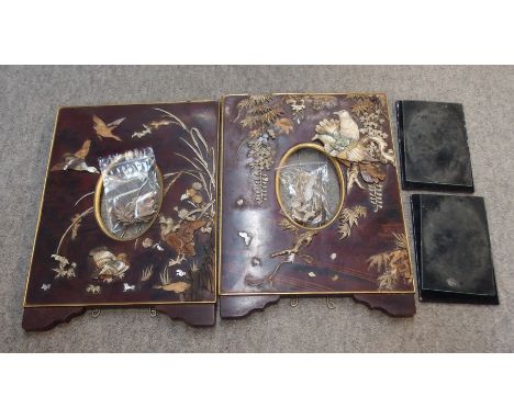 A pair of Japanese lacquered frames onlaid with mother of pearl and bone decoration (some damage)  Condition Report: 