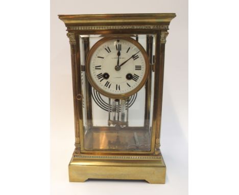 A Ward and Son brass and glass mantle clock with mercury pendulum (cracked)  Condition Report: 