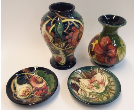 A Moorcroft Queens Choice vase, 16cm high, a matching trinket dish, a Hibiscus vase and a Hellebore dish (4)  Condition Repor