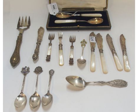A lot comprising a cased pair of EP and mother of pearl jam spoons, some loose mother of pearl handled cutlery and five sterl