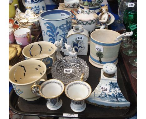 Royal Copenhagen 1967 commemorative large mug, armorial tea caddy, delft ink stand, Italian pottery figure, two Limoges cups 