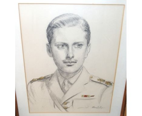 H SNELL portrait of an officer, charcoal and watercolour, signed, 50 x 38 cm and LEON DANCHING Pheasant, signed, coloured eng