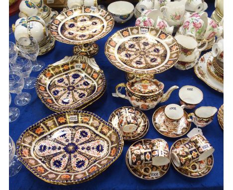 A Royal Crown Derby part dessert set comprising two tall tazzas (one re-glued), two oval dishes and two other dishes, togethe