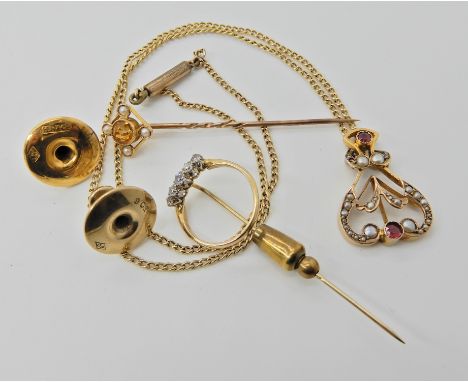 A 9ct gold Edwardian red gem and pearl pendant necklace, 9ct citrine and pearl pin, another diamond set and two 9ct shirt stu
