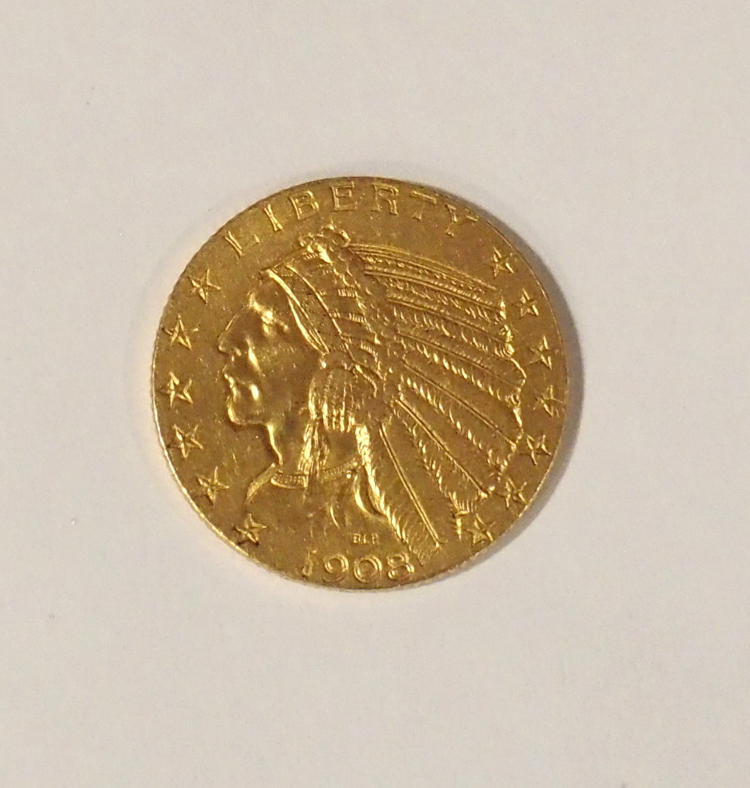 A US Indian head five dollar gold coin, 1908 Condition Report: