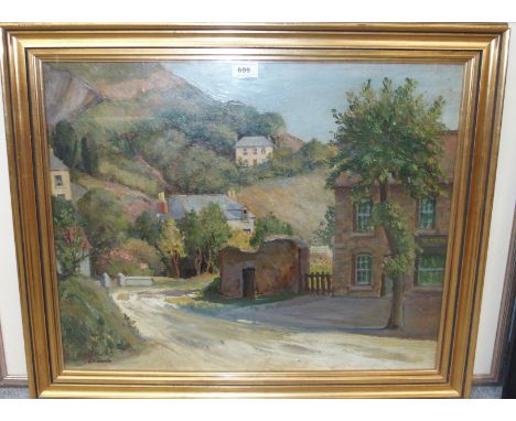 G F WOODS Country village, signed, oil on board, 47 x 58 cm and FRED SLOCOMBE Sheep herd, signed, print, 38 x 61 cm (2)  Cond