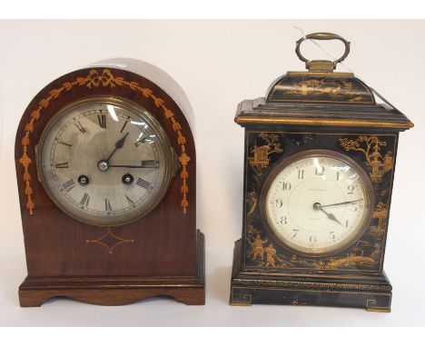 An Edwardian dome top inlaid mantle clock, with French movement, marked A1 21196, 21cm high together with a Japanned clock wi