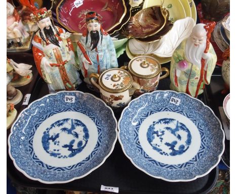 Two Chinese blue and white dishes, Japanese Satsuma milk jug and sucrier and three Chinese figures of Gods  Condition Report: