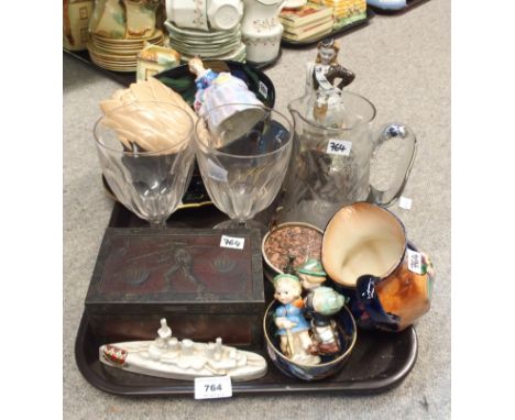 A pair of Victorian rummers, glass jug decorated with a heron, Huntley &amp; Palmers biscuit tin in the Japanese style, Malin