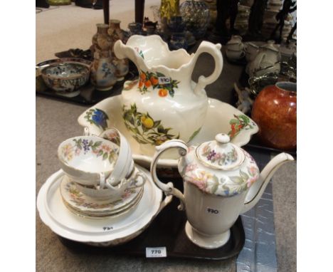 Paragon Country Lane coffee pot, tureen, soup coupes and a fruit decorated pottery wash ewer and basin  Condition Report: 