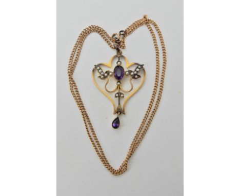 A 9ct gold Amethyst and pearl Edwardian pendant and chain weight 5.9gms  Condition Report: 