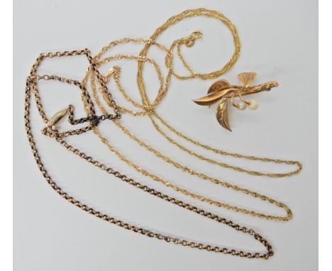 A 9ct gold pearl set brooch, and three 9ct gold chains 13.7gms  Condition Report: 