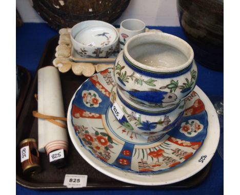 Two Islamic style pottery bowls decorated with fish, Japanese imari dish, Chinese scroll drawing, studio pottery dish etc  Co