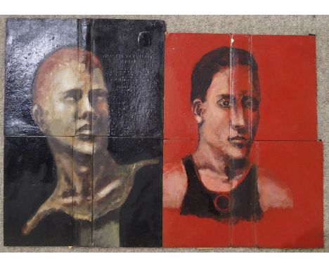 STEVEN CAMPBELL Portrait heads, oil on bookends, 44 x 33 cm, Provenance: Robert Paul, Lecturer of Printmaking in Fine Art at 