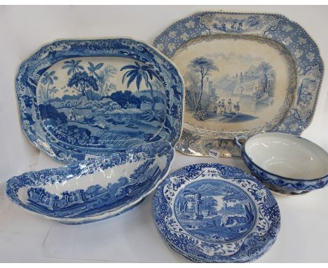 A collection of blue and white transfer printed pottery to include  early 19th century blue and white ashet decorated with th