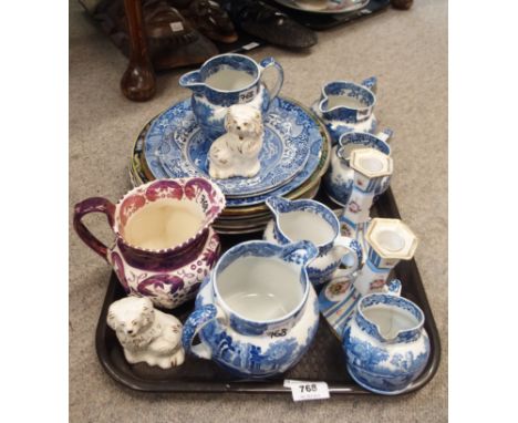 Copeland Spode Italian pattern jugs and plates, pair of small Beswick wally dugs, Wedgwood lustre jug, transfer printed plate