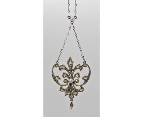 A 15ct gold and white metal rose cut diamond and pearl Belle Epoche style pendant, length of pendant 5.2cm, length of chain 3