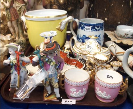 A large Pearlware mug, two early 19th century Spode pink ground cups with gilt crocodile handles, three Continental porcelain