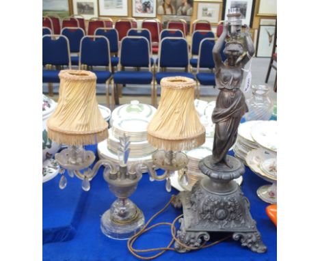 A spelter figural table lamp modelled as a woman and a glass two branch table light (2) Gilbert Telfer Collection, Edinburgh 