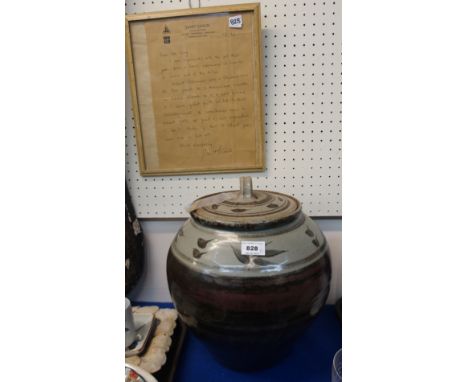 A large Robert Fishman studio pottery jar and cover, with a signed letter from Janet Leach (2)  Condition Report: