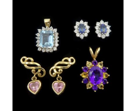 9ct gold jewellery including blue topaz and cubic zirconia pendants, pair of blue topaz stud earrings, amethyst and citrine p