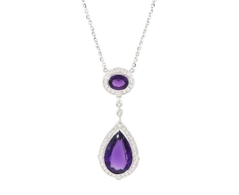 18ct white gold oval and pear cut amethyst and milgrain set, round brilliant cut diamond pendant necklace, stamped 750, total