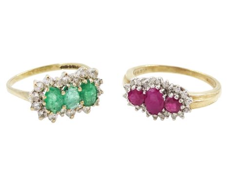Gold oval cut ruby and round brilliant cut diamond cluster ring and a gold emerald and cubic zirconia cluster ring, both hall