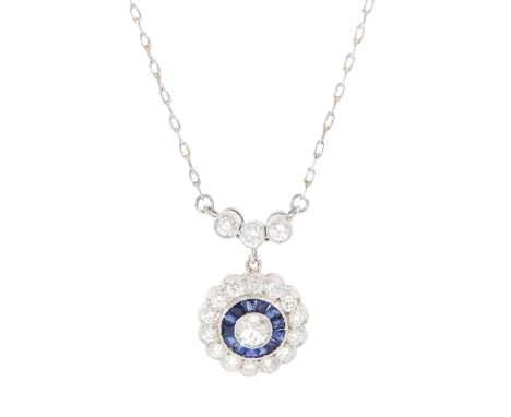 Platinum sapphire and diamond necklace, milgrain set round brilliant cut diamond and calibre cut sapphire cluster, suspending