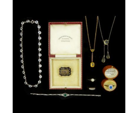 Early 20th century two stone citrine pendant necklace, gold opal and paste stone set ring, both 9ct, Victorian 15ct gold five
