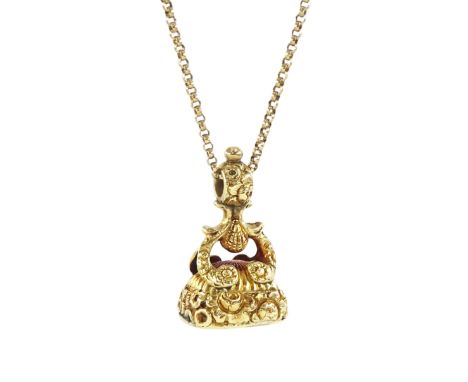 19th century 14ct gold agate seal fob, the seal engraved, the mount with foliate and shell decoration, engraved with name 'Su