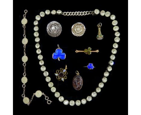 Early 20th century gold agate shamrock brooch, stamped 9ct, gold garnet pendant, silver jewellery including blue enamel shamr