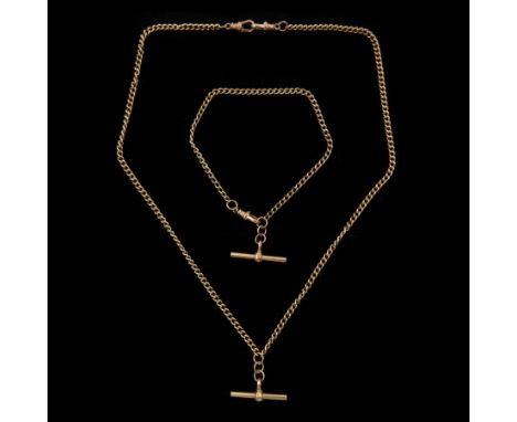 9ct rose gold curb link chain necklace, with T bar and a matching 9ct rose gold bracelet, Birmingham import mark 1990Conditio