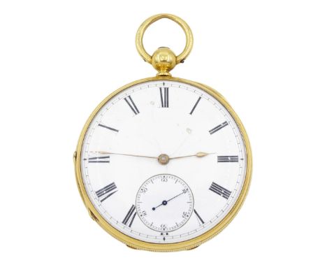 Victorian 18ct gold open face key wound lever pocket watch by Manoah Rhodes, Bradford, No. 18454, white enamel dial with Roma