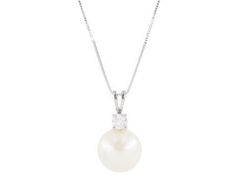 9ct white gold cultured white pearl and round brilliant cut diamond pendant necklace, diamond approx 0.25 caratCondition Repo