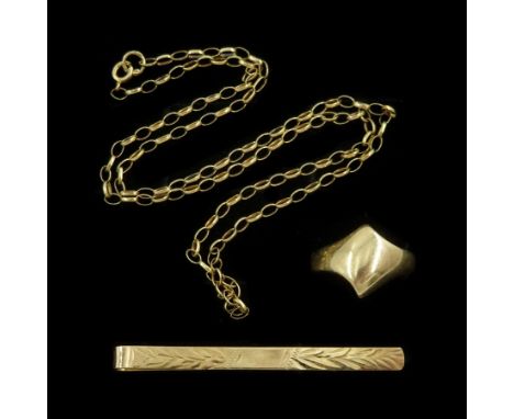 Gold ring, tie pin and chain necklace, all hallmarked 9ctCondition Report:Approx 7.45gm, ring size L-M, necklace length = 42c